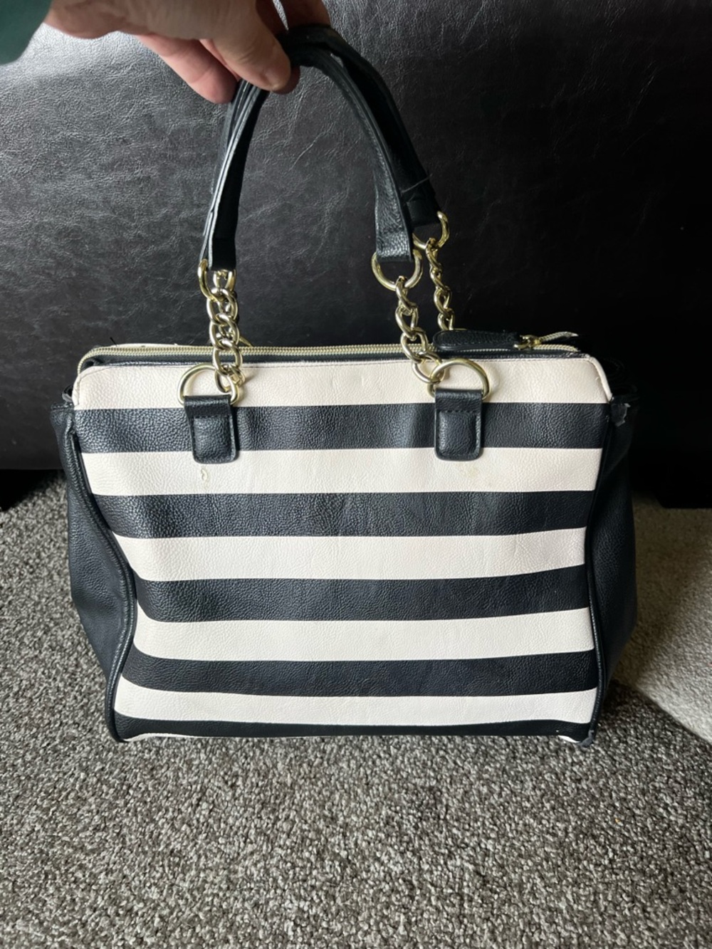 Betsey Johnson Floral Embellished Black and Cream Striped Purse Satchel Bag - Picture 11 of 16